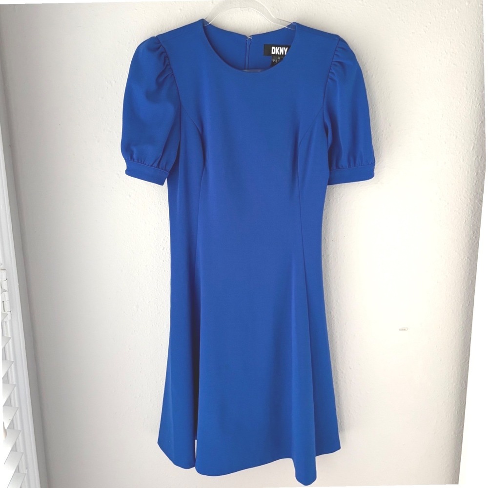 DKNY Womens Royal Blue Puff Sleeve Fit and Flare Dress Size 4 Gold Button Detail